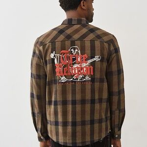 True Religion Brown and Black Plaid Flannel Shirt with Red Logo